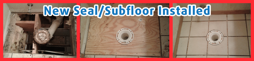 Progressive repairs made to toilet seal and sub-floor.